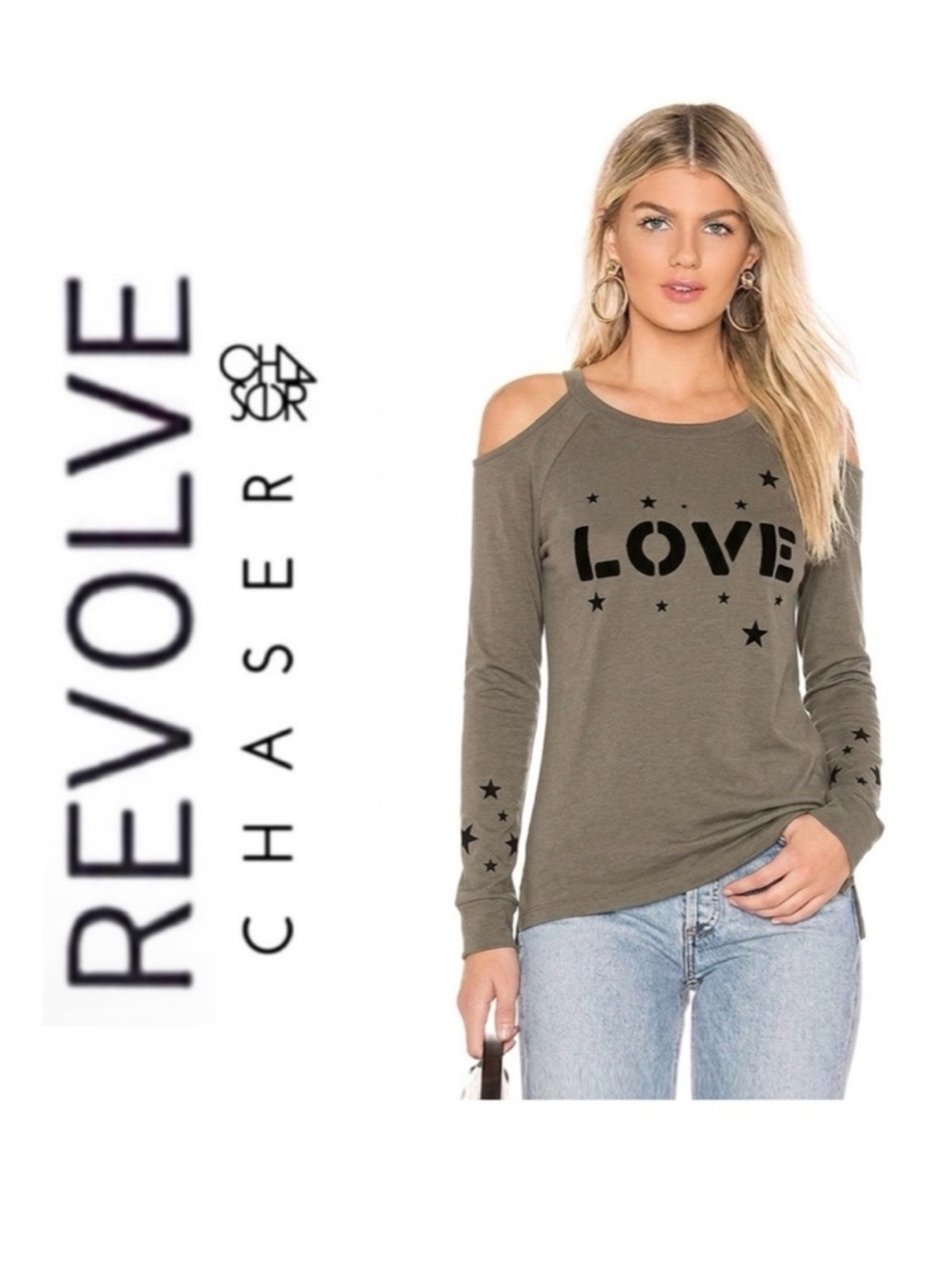 NWOT Revolve x Chaser LOVE Army Green Star Cut-Out Sweatshirt